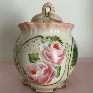 Hand Painted Ceramic Ginger Jar Pictures of Roses and Scenery Cookie Jar